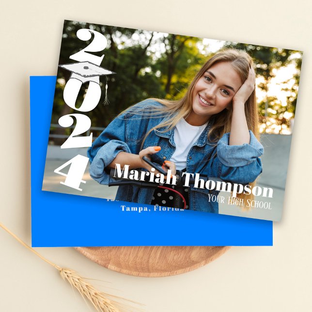 Invitation Graduation Blue Typographie Classe Photo De 2023 (Graduation invitation announcement card with azure blue school colors. )