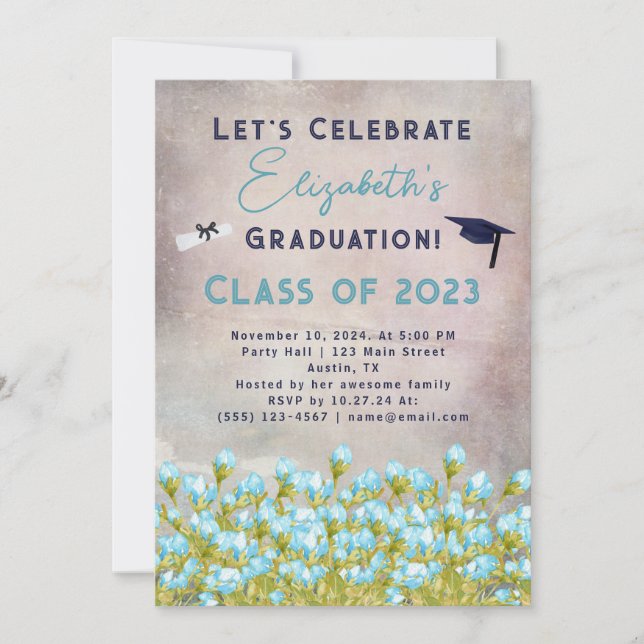 Invitation Graduation Blue Watercolor Flowers Célébration (Devant)