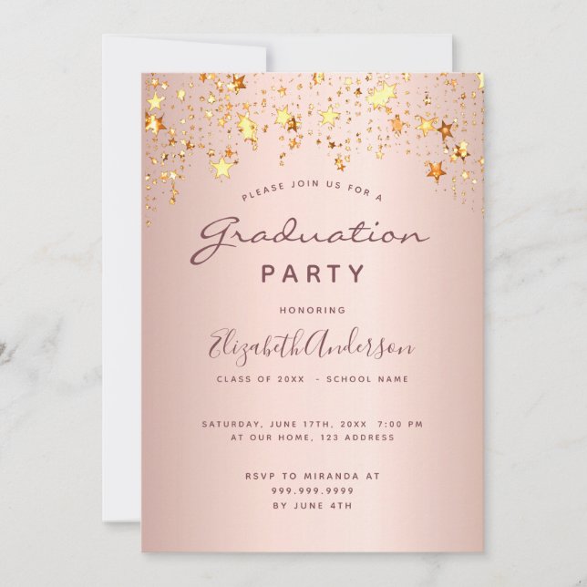 Invitation Graduation blush rose or rose étoiles 2025 (Devant)