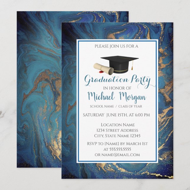 Invitation Graduation Cap Marble Gold Party (Devant / Derrière)