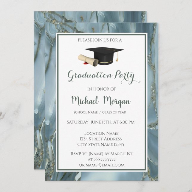 Invitation Graduation Cap Marbre, Stone Graduation Party (Devant / Derrière)