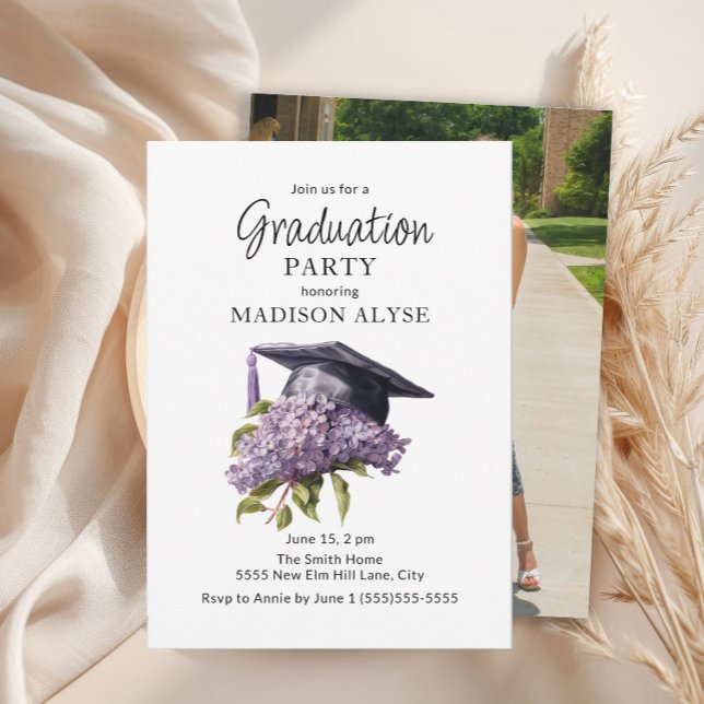 Invitation Graduation Cap Purple Floral Photo Graduation (Purple floral graduation cap photo party invitation)