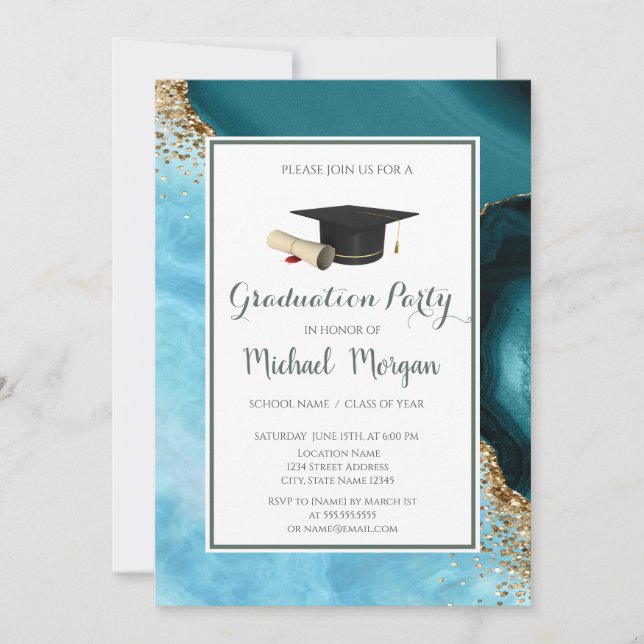 Invitation Graduation Cap Turquoise Marbre Partie de Graduati (Devant)