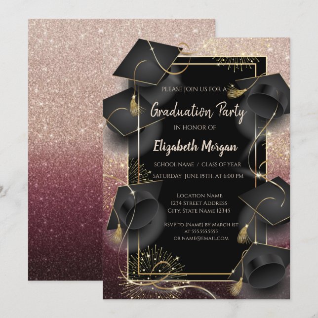 Invitation Graduation Caps Rose Gold Glitter Graduation Party (Devant / Derrière)