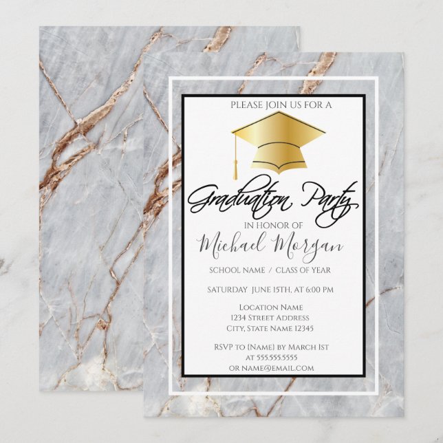 Invitation Graduation Casquette d'or Marble Pierre de la fête (Devant / Derrière)