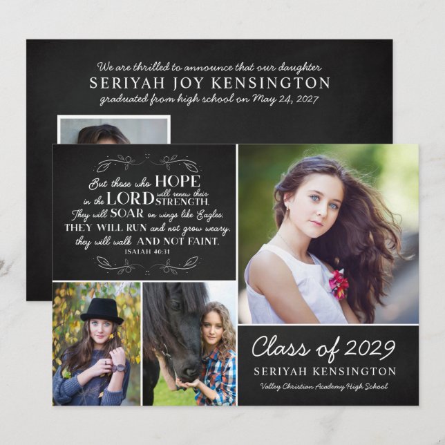 Invitation Graduation chrétienne Bible Verse Isaïe 40 Photo (Devant / Derrière)