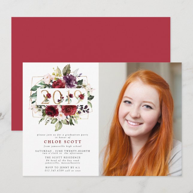 Invitation Graduation de la photo de couleur rouge violet (Devant / Derrière)