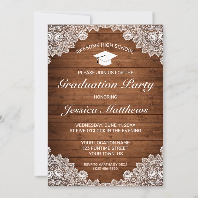 Invitation Graduation en bois rustique et dentelle blanche (Devant)
