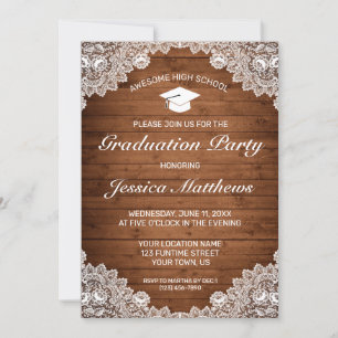 Invitation Graduation en bois rustique et dentelle blanche