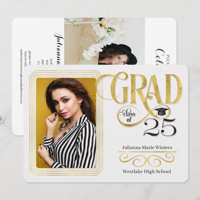 Invitation Graduation Faux Gold Leaf Classe de 2025 Photo (Devant / Derrière)