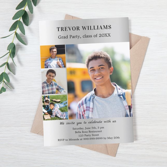 Invitation Graduation fête argent photo collage (Créateur téléchargé)