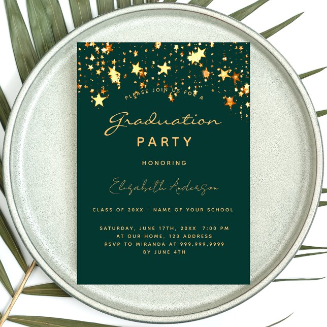Invitation Graduation fête émeraude or vert étoiles luxe (Créateur téléchargé)