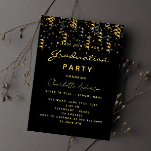 Invitation Graduation fête noir serpentins or luxe
