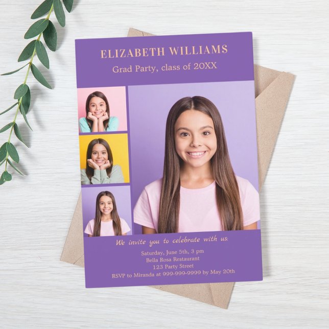 Invitation Graduation fête violet photo collage (Créateur téléchargé)