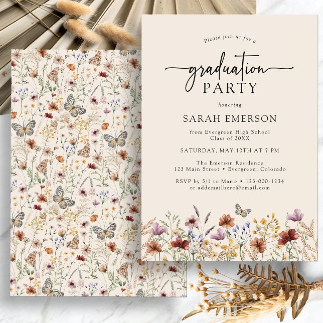 Invitation Graduation florale Boho (Watercolor Boho Floral Graduation Party Invitation with Butterfly by Painted Paperie
)