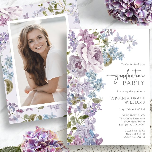 Invitation Graduation florale pourpre (Purple Floral Graduation Invitation Picture on back by Painted Paperie
)