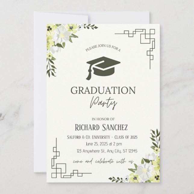 Invitation Graduation florale verte et crème (Devant)