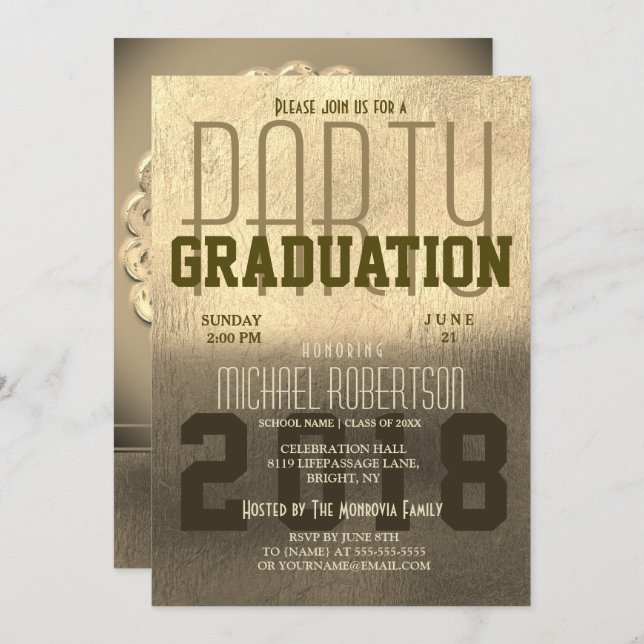 Invitation Graduation Fun Gold Foil Metallic (Devant / Derrière)