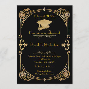 Invitation Graduation, Gatsby style, or noir, monogramme reto