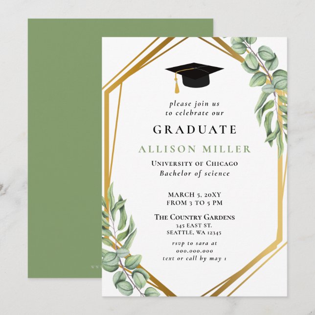 Invitation Graduation géométrique de l'or Eucalyptus vert rus (Devant / Derrière)