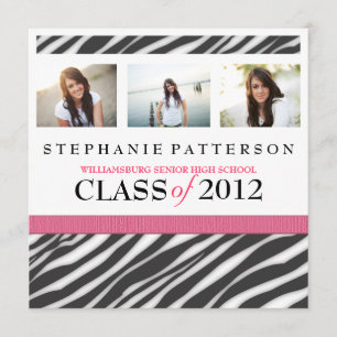 Invitation Graduation Glamor Girl Zebra Imprimer avec le rose