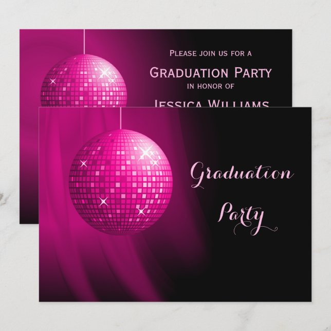 Invitation Graduation Glamour Pink Party Disco Ball (Devant / Derrière)