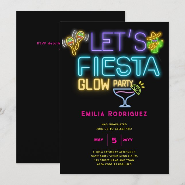 Invitation Graduation Glow Party Invitación Fiesta de Neón (Devant / Derrière)