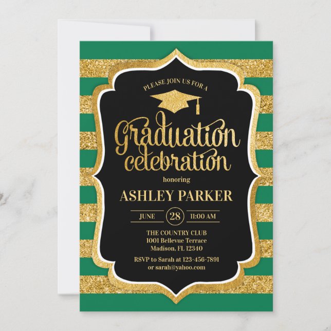 Invitation Graduation - Gold Black Green Stripes (Devant)