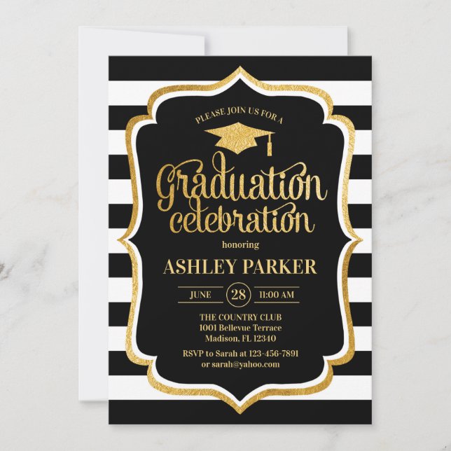 Invitation Graduation - Gold Black White Stripes (Devant)
