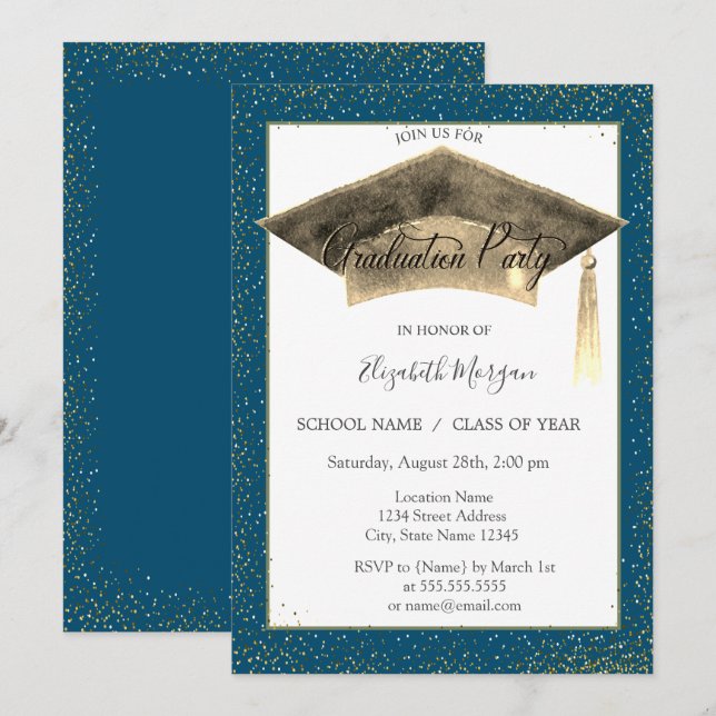 Invitation Graduation Gold Cap Tassel Confetti Graduation (Devant / Derrière)