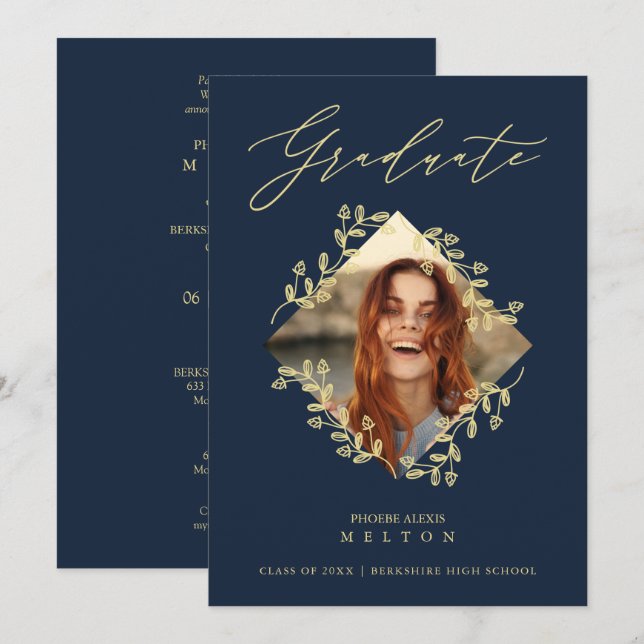 Invitation Graduation Gold Diamond Wildflower Navy Photo (Devant / Derrière)