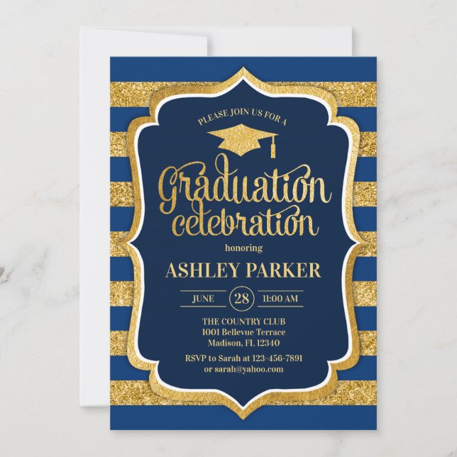Invitation Graduation - Gold Navy Blue Stripes (Devant)