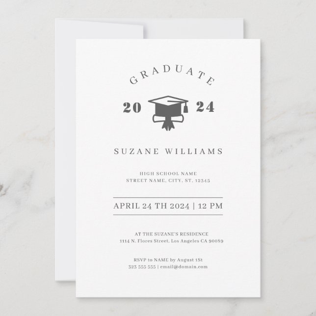 Invitation Graduation minimaliste blanche et grise (Devant)