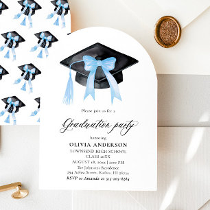 Invitation Graduation Moderne Bleu Bow Graduation Cap Arched