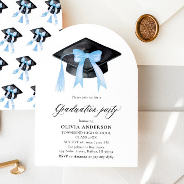 Invitation Graduation Moderne Bleu Bow Graduation Cap Arched (Créateur téléchargé)