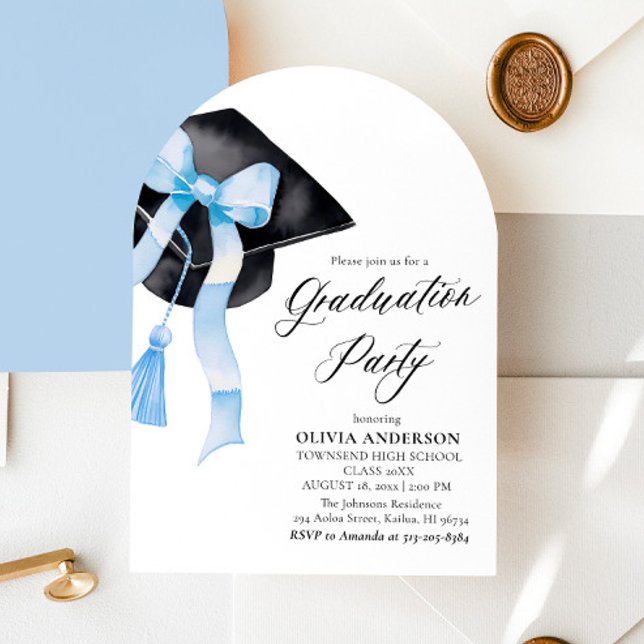Invitation Graduation Moderne Bleu Bow Graduation Cap Arched (Créateur téléchargé)