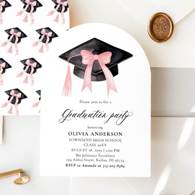 Invitation Graduation moderne Pink Bow Graduation Cap Arched (Créateur téléchargé)