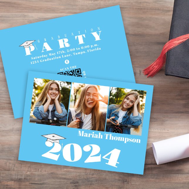 Invitation Graduation Multi Photo Blue Classe De 2023 QR Code (Graduation multi-photo invitation announcement Carolina Blue School colors. )