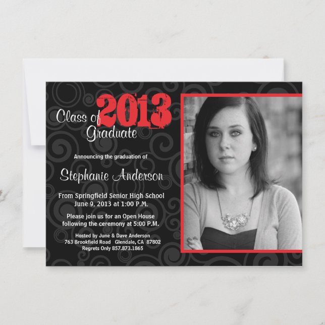 Invitation Graduation Open House Retro Swirls Neon Red Invita (Devant)