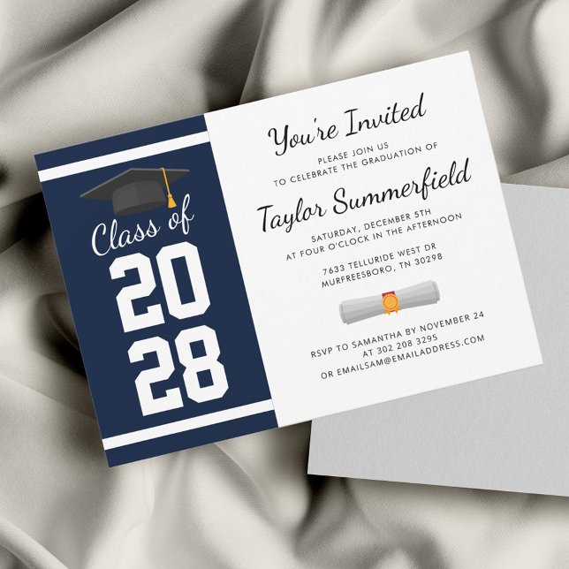 Invitation Graduation Party 2025 Marine Blue White Graduate (Graduation 2024 Navy Blue Typography Script Party Invitation)