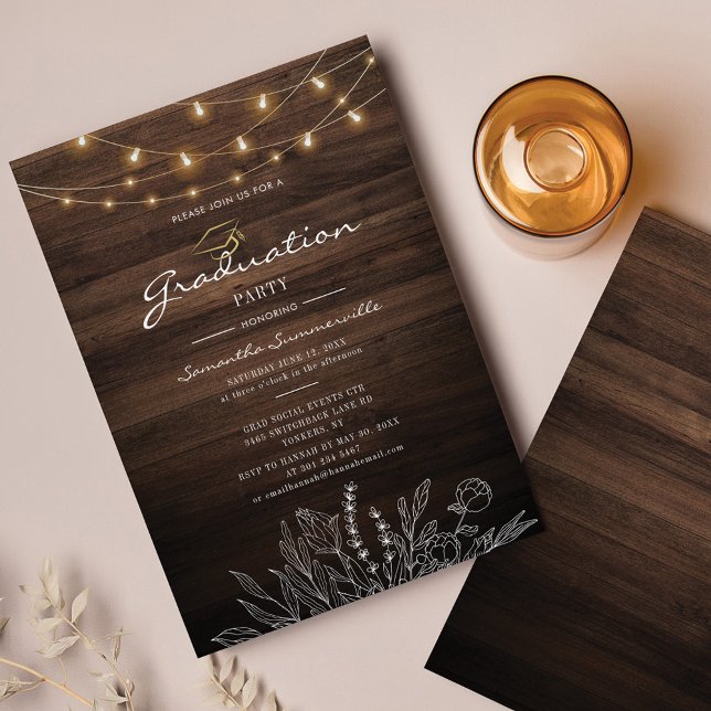 Invitation Graduation Party 2025 Rustic String Lights (Créateur téléchargé)