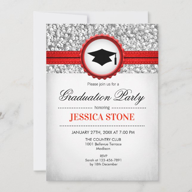 Invitation Graduation Party - Argent Blanc Rouge (Devant)