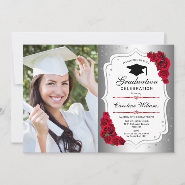 Invitation Graduation Party avec photo - Argent Blanc Rouge (Devant)