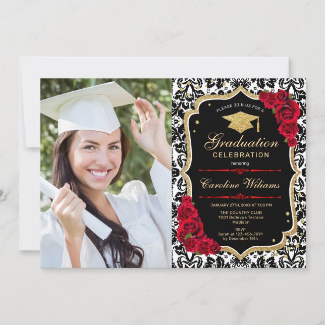 Invitation Graduation Party avec photo - Black Red Gold (Devant)