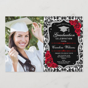 Invitation Graduation Party avec photo - Black Red Silver