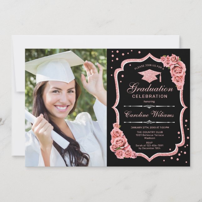 Invitation Graduation Party avec photo - Black Rose Gold (Devant)