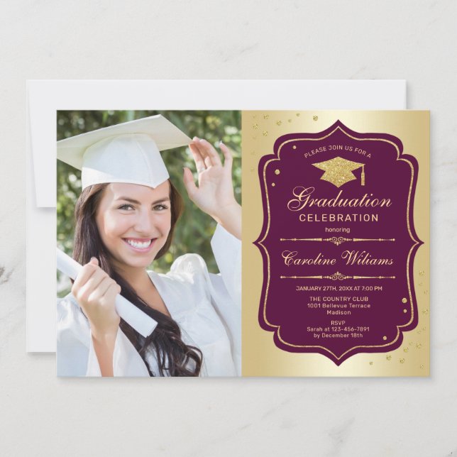 Invitation Graduation Party avec photo - Gold Burgundy (Devant)