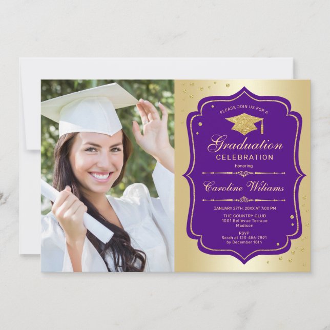Invitation Graduation Party avec photo - Gold Purple (Devant)