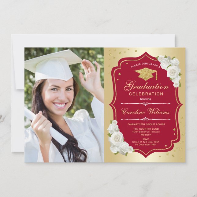 Invitation Graduation Party avec photo - Gold Red (Devant)