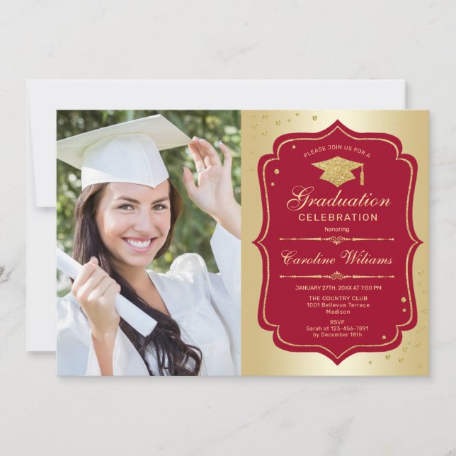 Invitation Graduation Party avec photo - Gold Red (Devant)